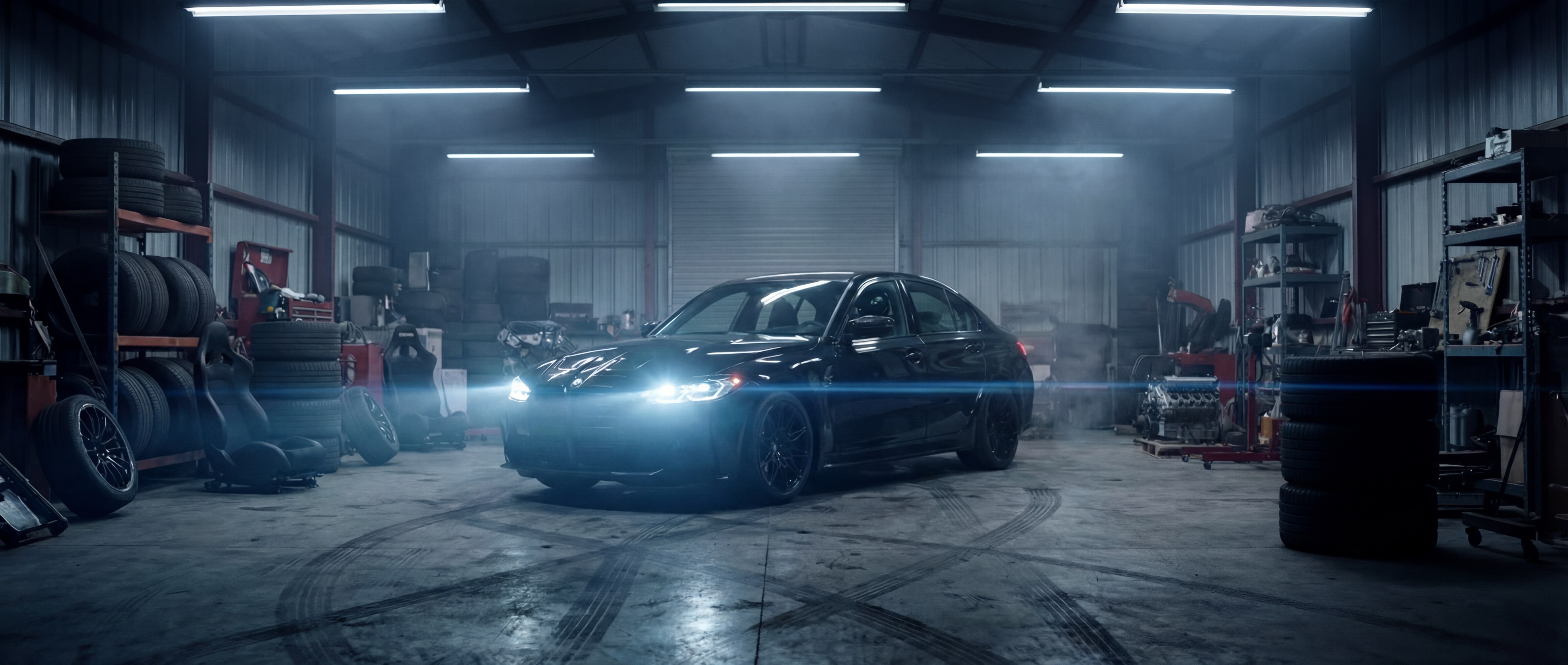 BMW G80 M3 — live cinematic reference shoot in garage, headlights on, atmospheric haze
