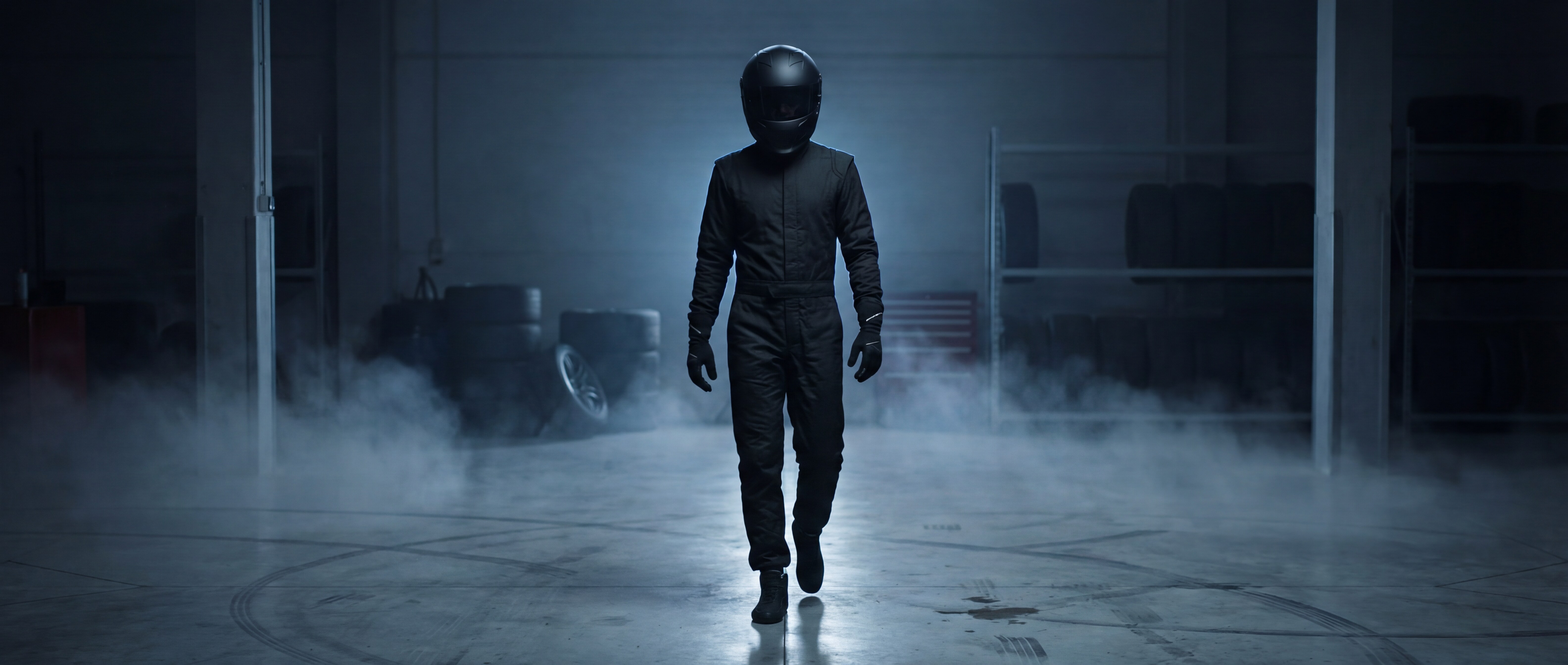 BMW G80 M3 project — cinematic driver reference shoot, black racing suit and helmet, dramatic garage lighting